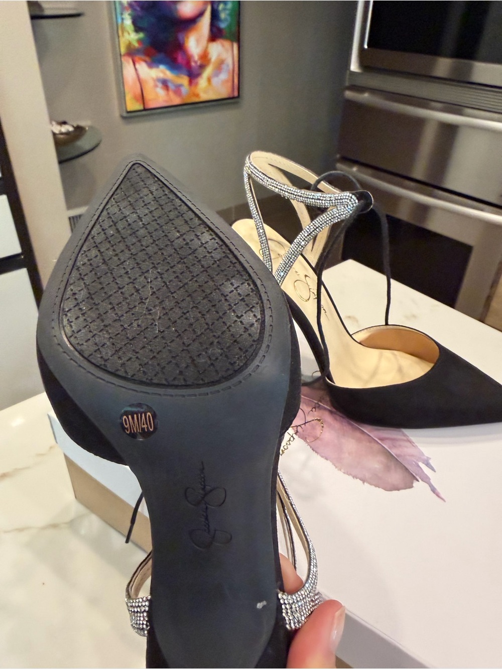 🆕 Jessica Simpson Black Suede Pointed Toe Rhinestone Ankle Tie Heels - Picture 10 of 17